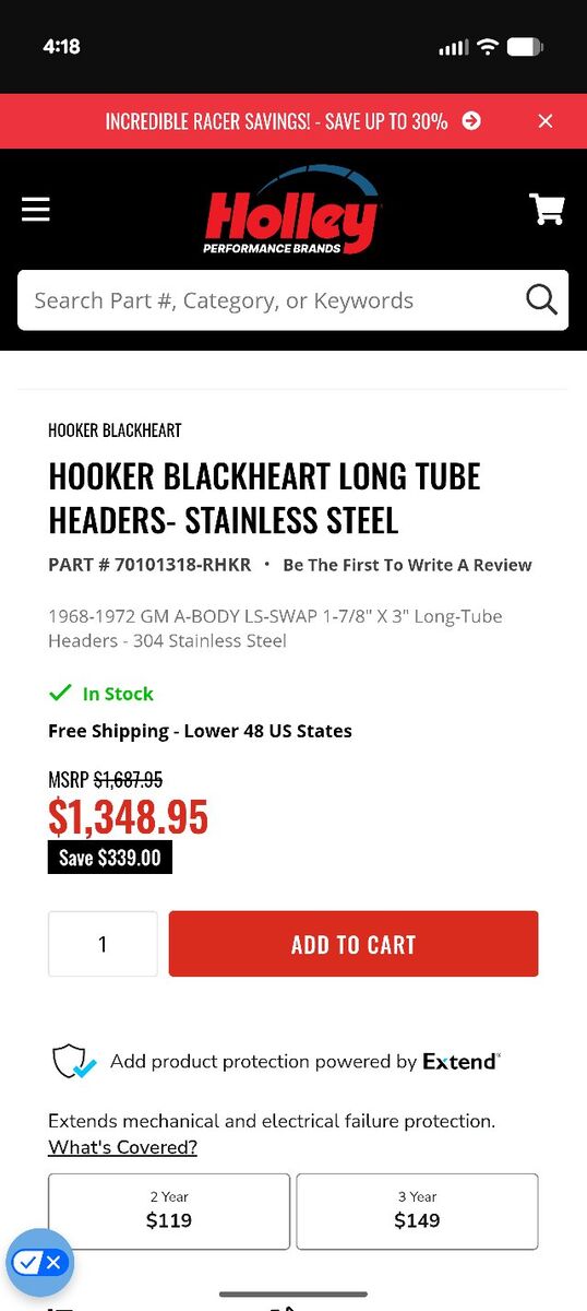 hooker Blackheart Stainless long tub Headers