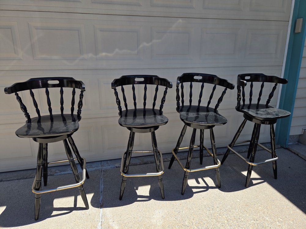 Set of 4 Black Wooden Swivel Bar Stools with Backs and Footrests
