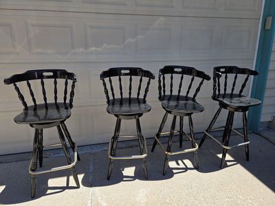 Set of 4 Black Wooden Swivel Bar Stools with Backs and Footrests