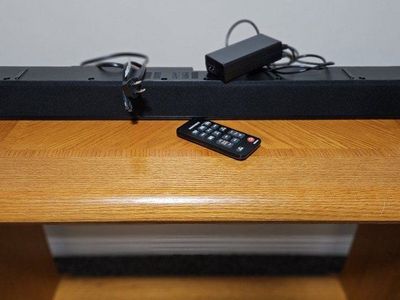 Black Soundbar with Remote and Power Adapter - Good Condition