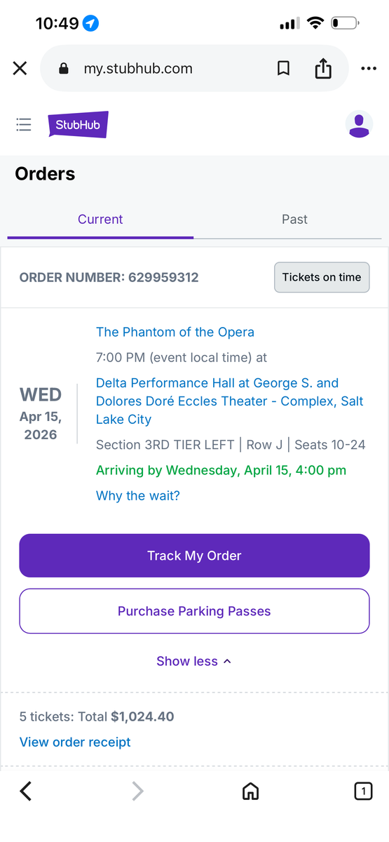 5 Phantom of the Opera tickets - 4/15/26 at 7 pm @ Eccles theater
