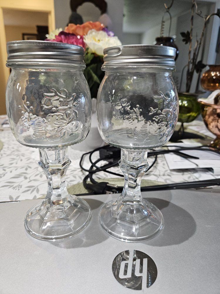 Set of 2 Glass Goblets with Mason Jar Tops and Fruit Lids