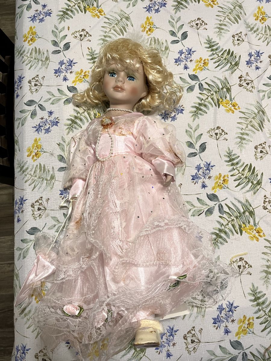 Vintage Porcelain Doll Blonde Hair Blue Eyes Pink Lace Dress Pearl Necklace