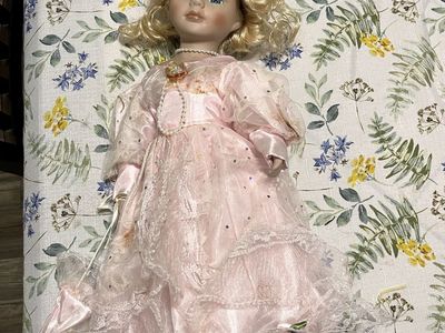 Vintage Porcelain Doll Blonde Hair Blue Eyes Pink Lace Dress Pearl Necklace