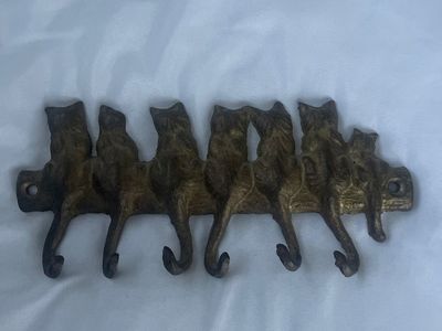 Vintage Cast Iron Cat Key Holder Wall Mounted Coat Rack with 5 Hooks - Rustic Decor