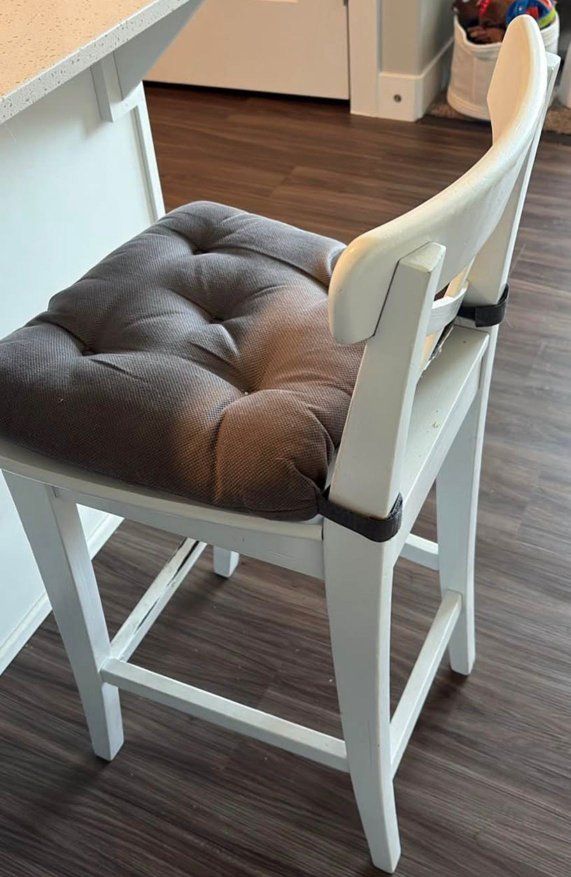 2 White Wooden Bar Stools with Gray Padded Cushion - Kitchen Counter Height