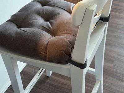 2 White Wooden Bar Stools with Gray Padded Cushion - Kitchen Counter Height