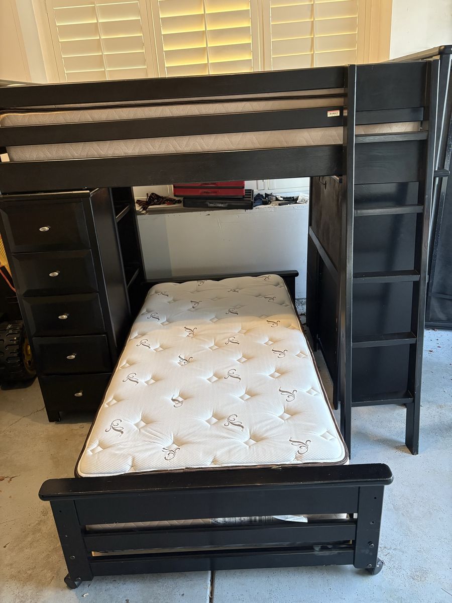 Black Wooden Loft Bed Set with Lower Caster Bed Desk Storage Drawers and Ladder