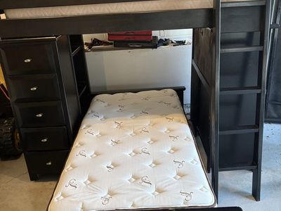 Black Wooden Loft Bed Set with Lower Caster Bed Desk Storage Drawers and Ladder