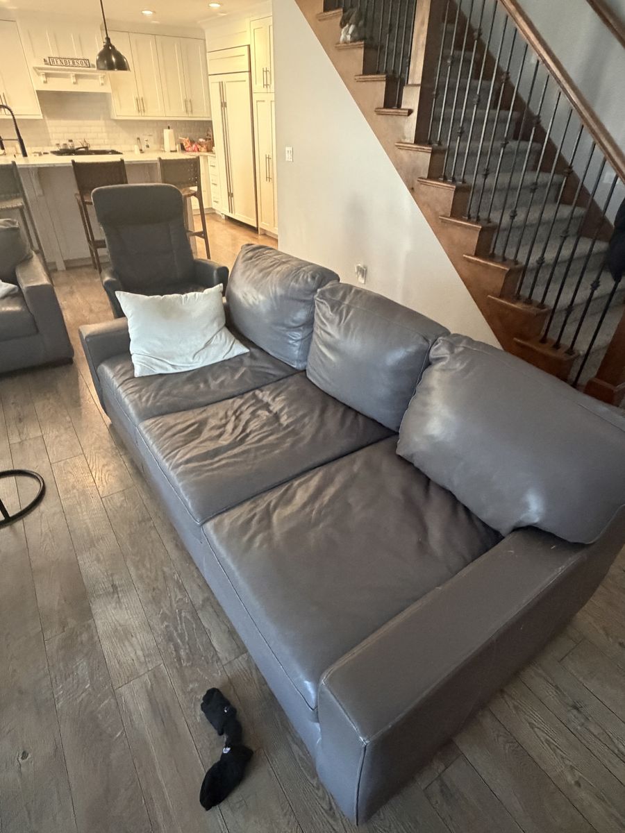 Gray Leather Sofa Couch - Modern 3-Seater with Plush Cushions