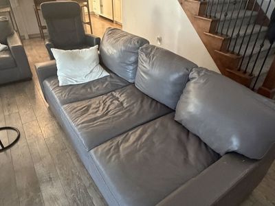 Gray Leather Sofa Couch - Modern 3-Seater with Plush Cushions