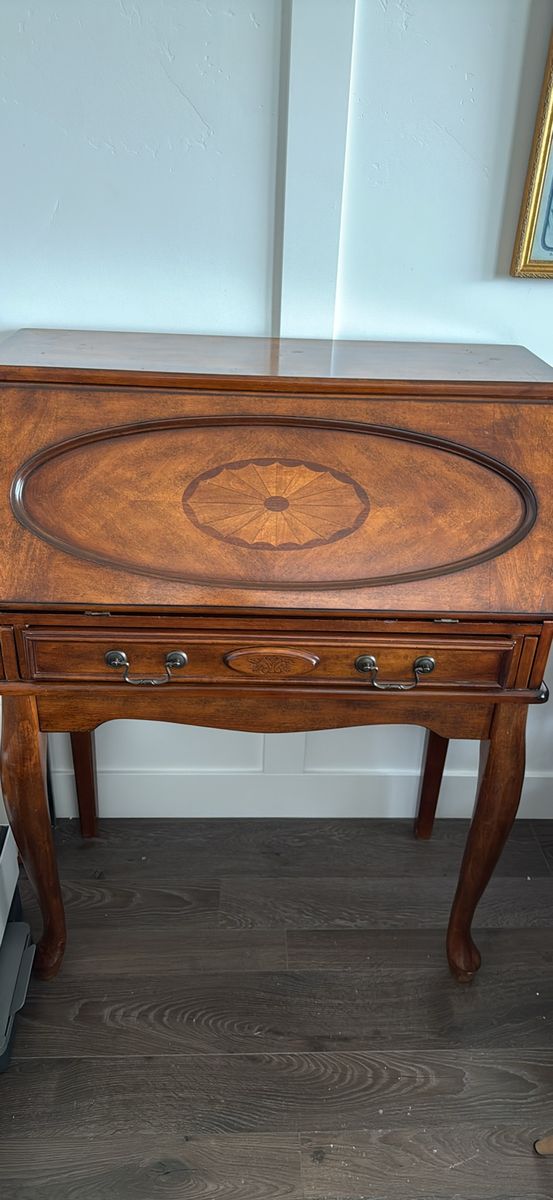 Vintage Wooden Drop-Front Secretary Desk with Inlay and Pigeonhole Organizer Antique style secretary desk