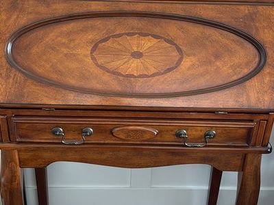 Vintage Wooden Drop-Front Secretary Desk with Inlay and Pigeonhole Organizer Antique style secretary desk