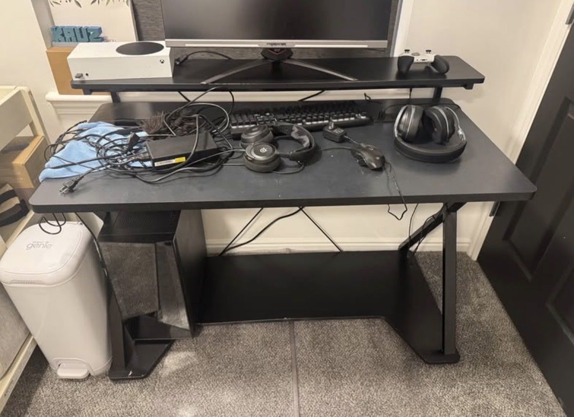 Black Gaming Desk with Monitor Riser, PC Tower Shelf