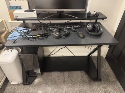 Black Gaming Desk with Monitor Riser, PC Tower Shelf