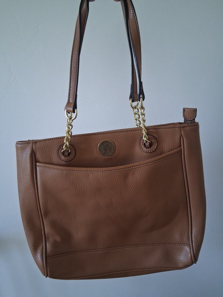 Anne Klein Brown Textured Faux Leather Shoulder Bag with Gold Chain Straps