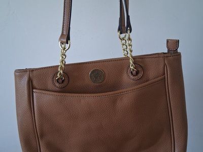Anne Klein Brown Textured Faux Leather Shoulder Bag with Gold Chain Straps
