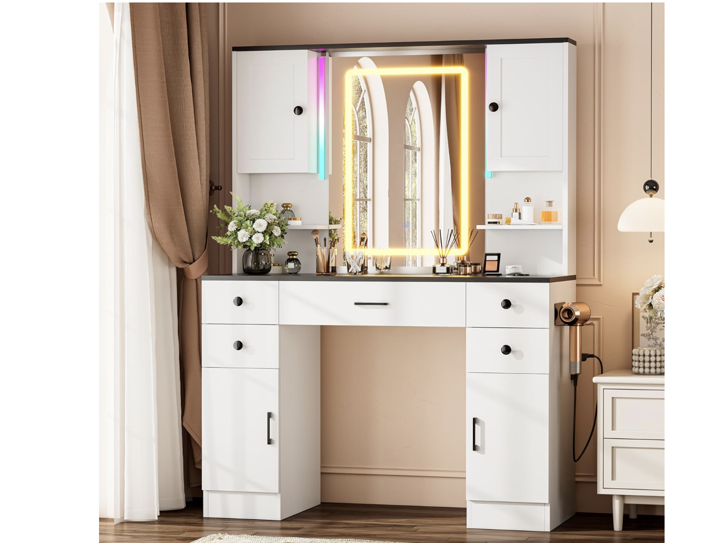 New in Box Vanity Desk with Mirror and RGB Lights, Makeup Vanity with Charging Station, 5 Large Drawers