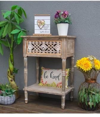 Vintage Wood Side Table Carved Diamond Pattern