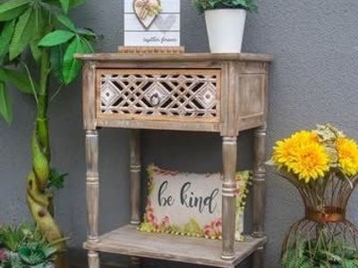 Vintage Wood Side Table Carved Diamond Pattern