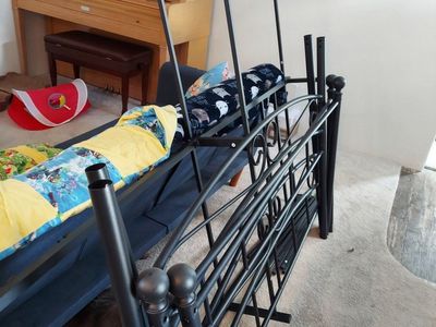 Black Metal Queen Size Canopy Bed Frame with Scrollwork Headboard & Footboard