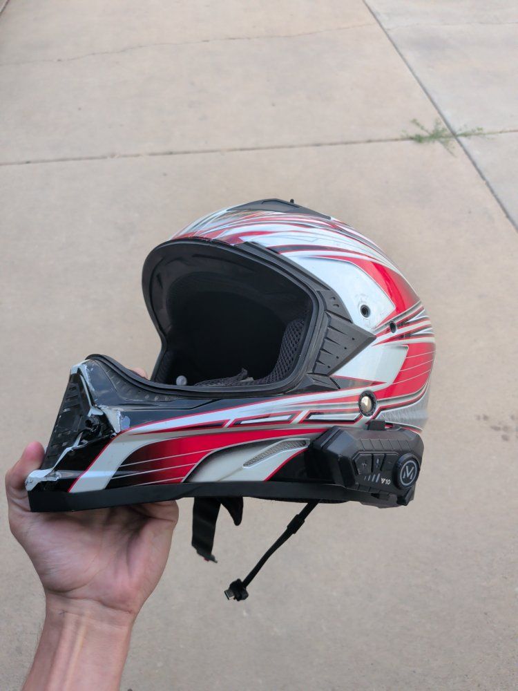 Raider Dual Sport Edge Helmet Red Gray Size Medium with Bluetooth Headset