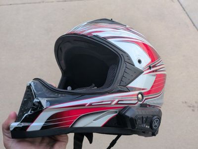 Raider Dual Sport Edge Helmet Red Gray Size Medium with Bluetooth Headset