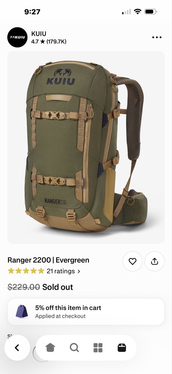 KUIU Ranger 2200 Backpack - Evergreen / Tan Day Pack for Hunting & Outdoors