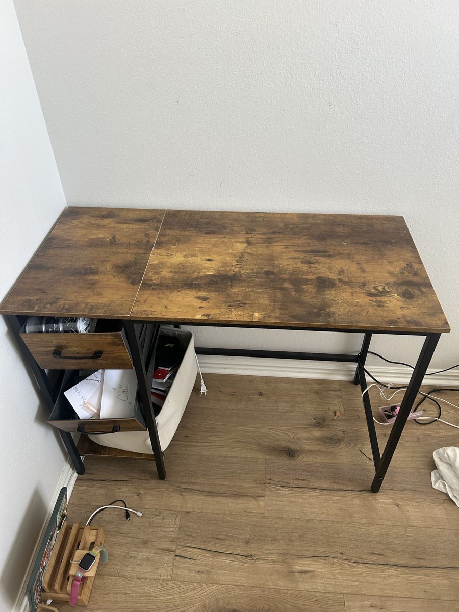 Rustic Industrial Desk with Drawers and Storage Shelves