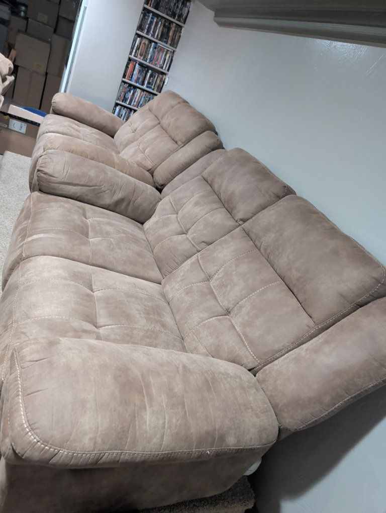 Tan Microfiber Reclining Living Room Sofa and Loveseat Set
