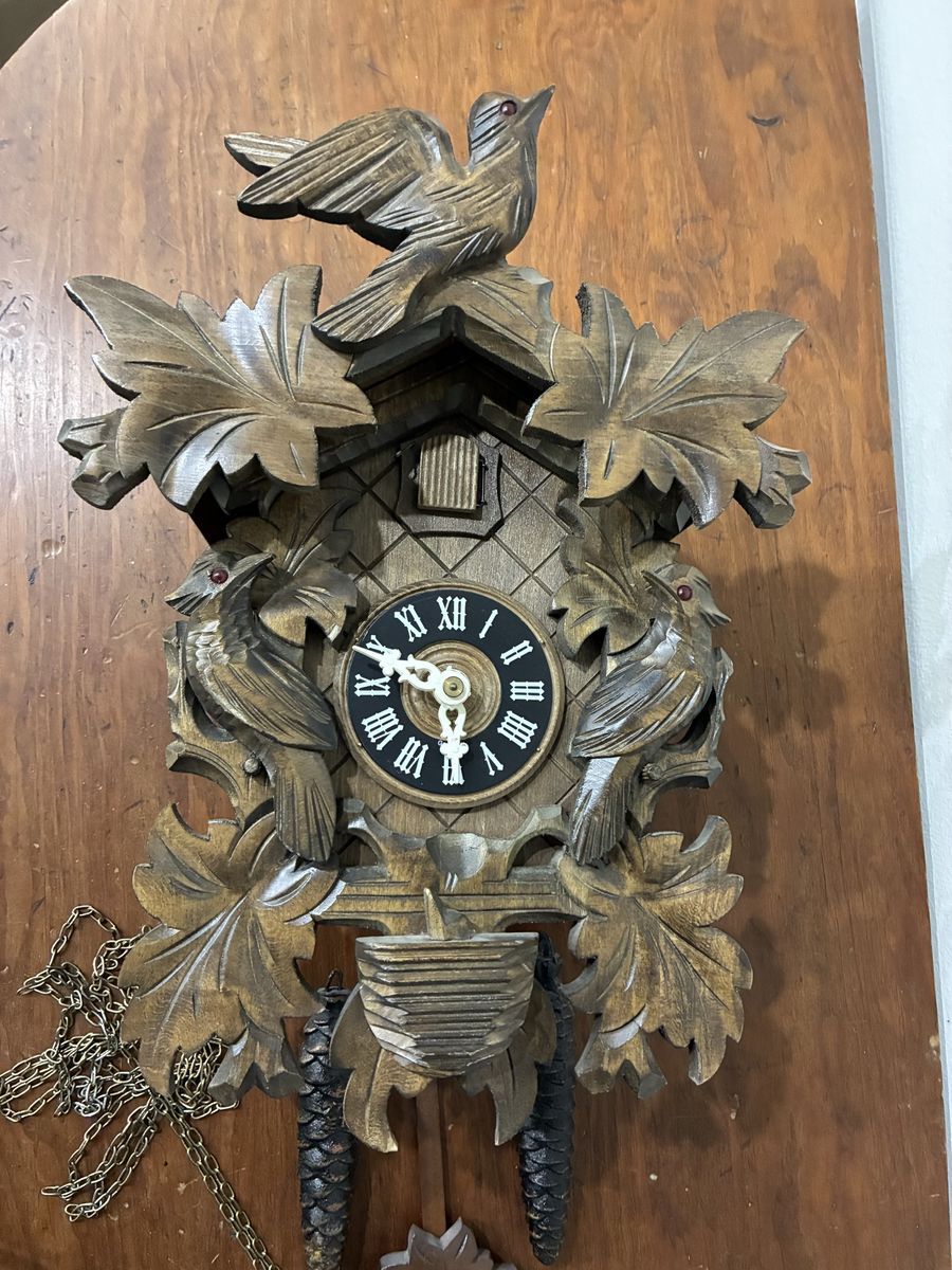 Vintage German Hand-Carved Wooden Cuckoo Clock with Leaf and Bird Details