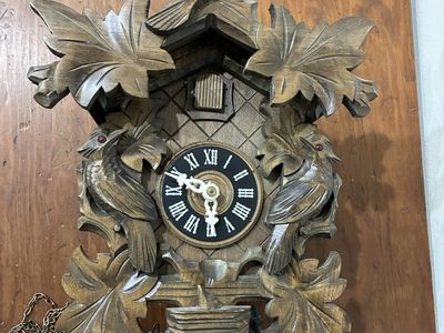 Vintage German Hand-Carved Wooden Cuckoo Clock with Leaf and Bird Details