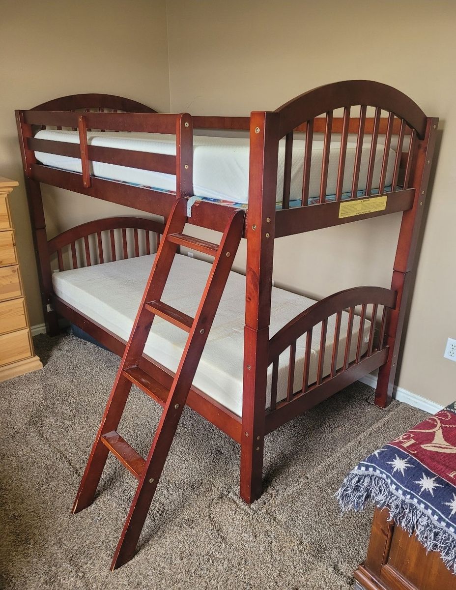 Wooden Bunk Beds with Ladder - Twin Size, Dark Cherry Finish Mattresses included.