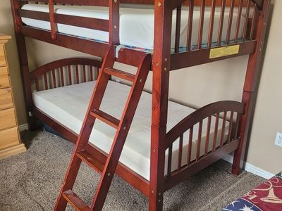 Wooden Bunk Beds with Ladder - Twin Size, Dark Cherry Finish Mattresses included.