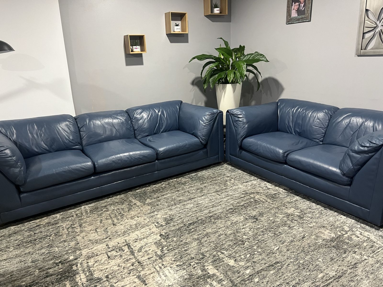 2 Blue Real Leather Couches - Great Condition, Comfortable Seating