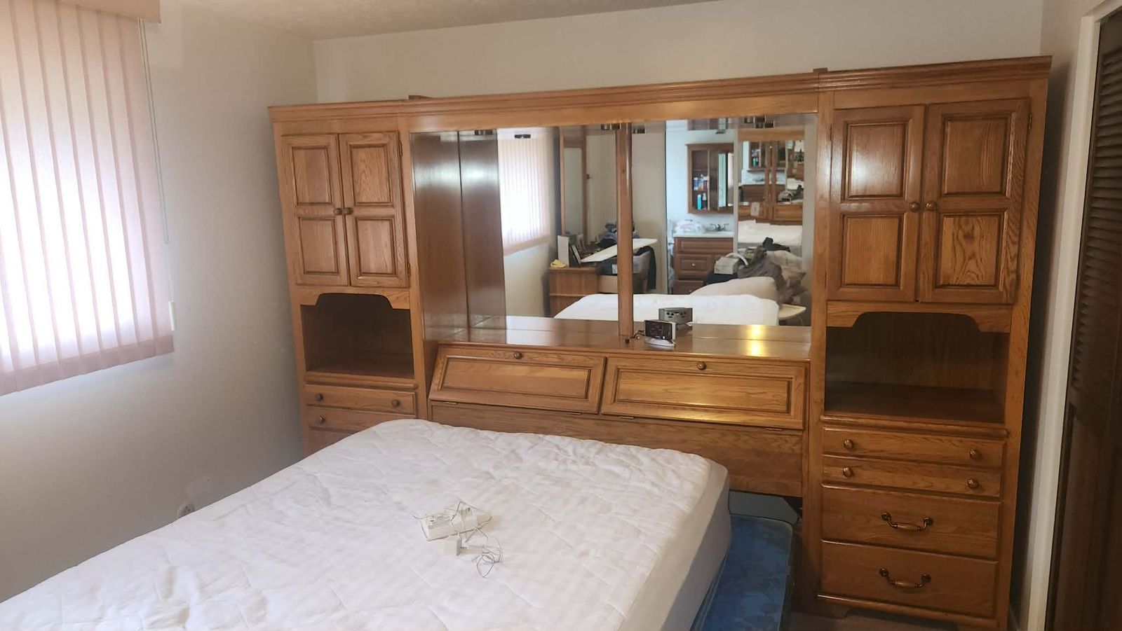 Solid Oak Wooden Headboard Wall Unit with Storage Towers and Mirror