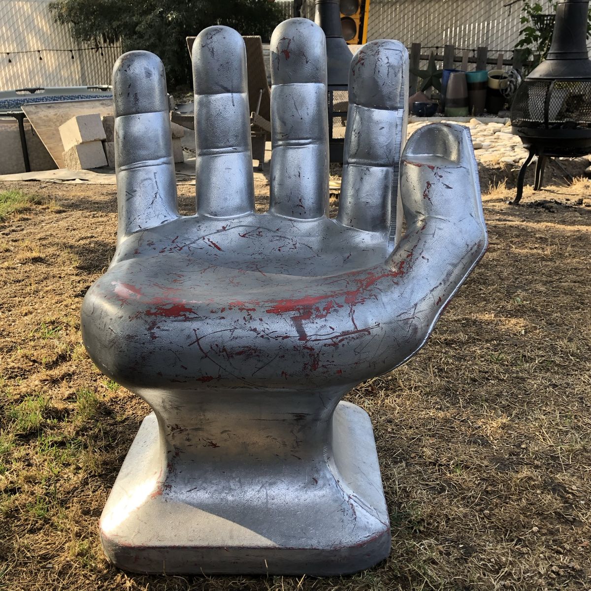 Vintage Hand Shaped Chair - Metallic Silver & Red Accent Accent Chair