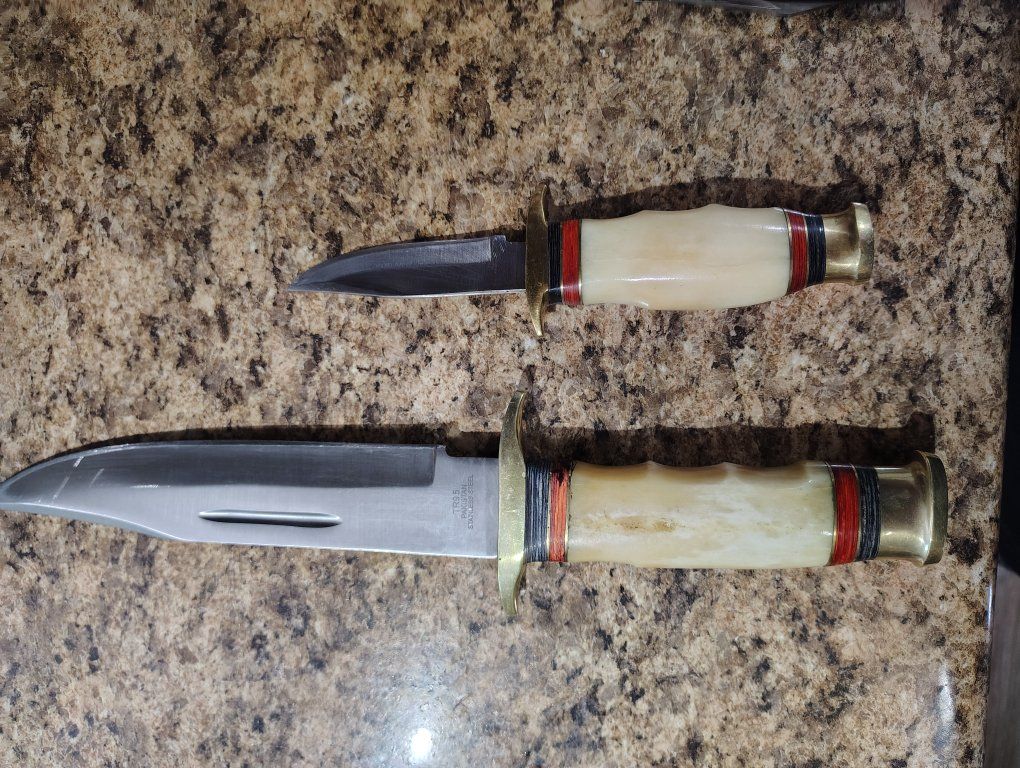 Vintage Pakistain Handmade Hunting Knife Set w/ Bone Handles & Leather Sheath - 2 Knives