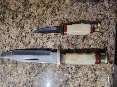 Vintage Pakistain Handmade Hunting Knife Set w/ Bone Handles & Leather Sheath - 2 Knives