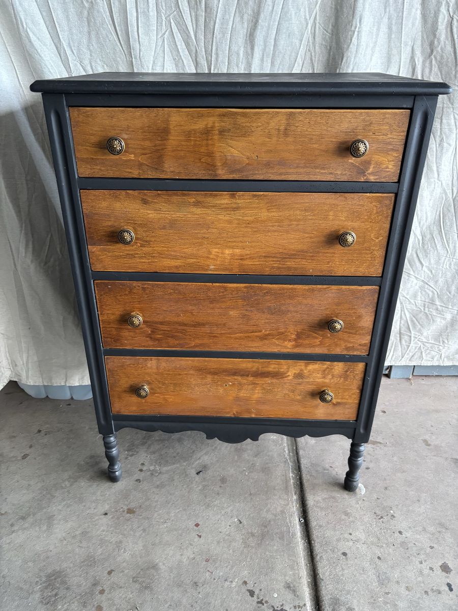 Refinished Vintage Wood Dresser/Tallboy - 5-Drawer, Black & Natural Wood Finish