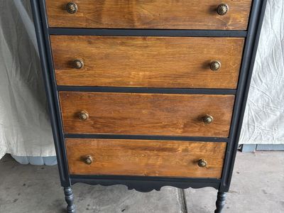 Refinished Vintage Wood Dresser/Tallboy - 5-Drawer, Black & Natural Wood Finish