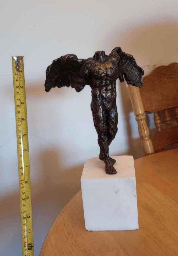 Bronze Male Winged Figure Statue on Marble Base, 11 Inch Decorative Sculpture