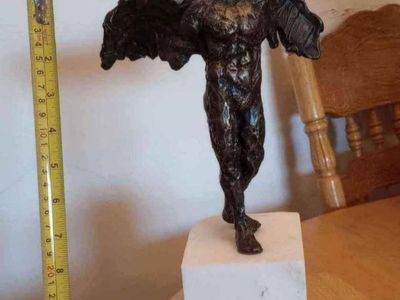 Bronze Male Winged Figure Statue on Marble Base, 11 Inch Decorative Sculpture