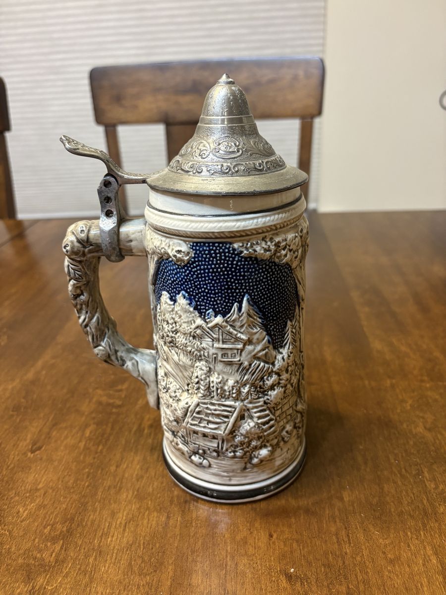 Vintage German Ceramic Beer Stein with Pewter Lid and Relief Scenes