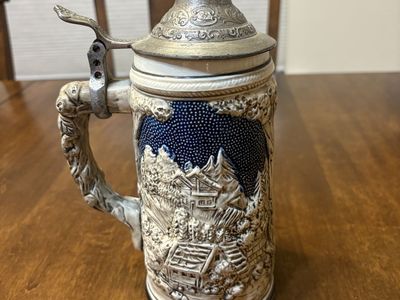 Vintage German Ceramic Beer Stein with Pewter Lid and Relief Scenes