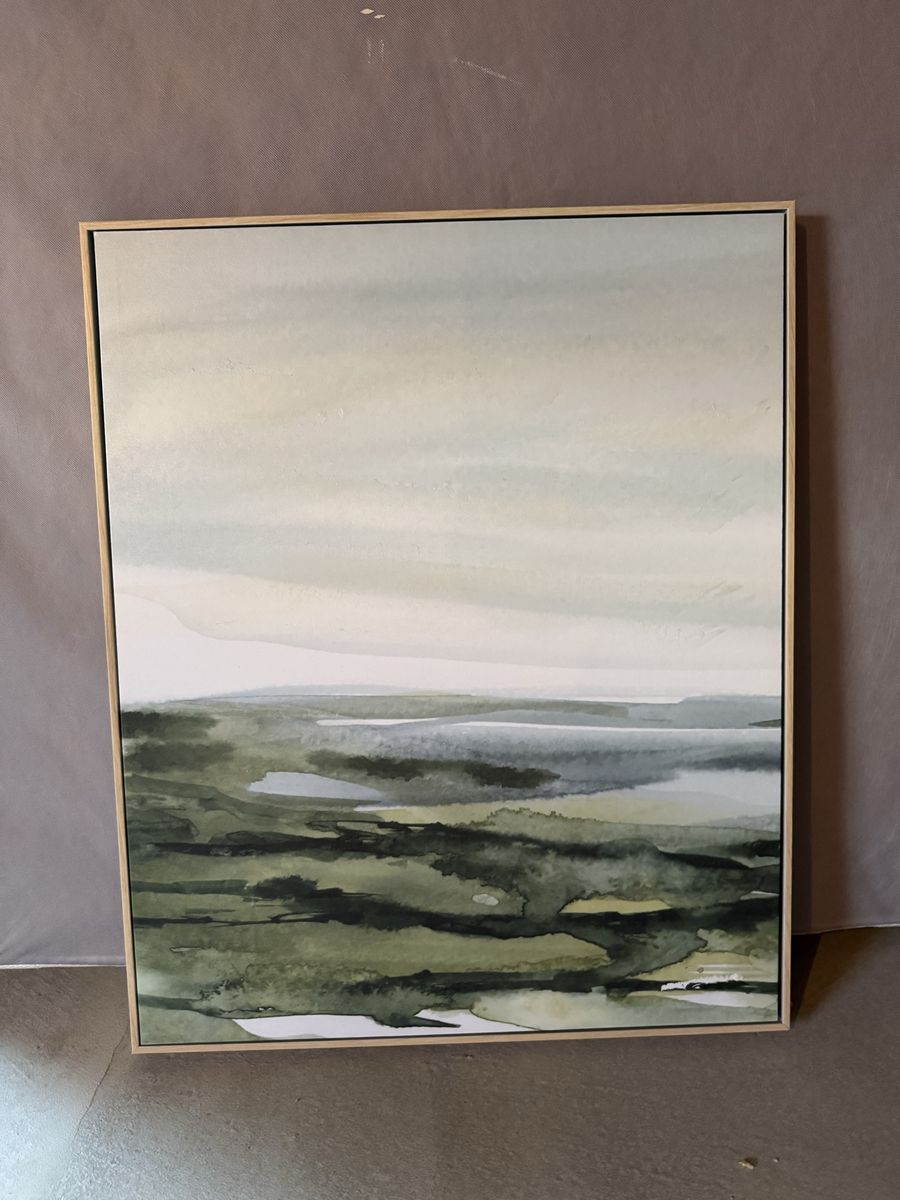 Abstract Framed Canvas Wall Art - Modern Landscape in Greens & Grays, Wooden Frame, 30x40"