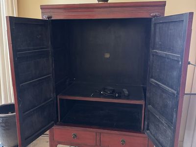 Red Oriental Armoire Cabinet w/ Black Circular Hardware - 2 Doors, 2 Drawers, Storage Shelf