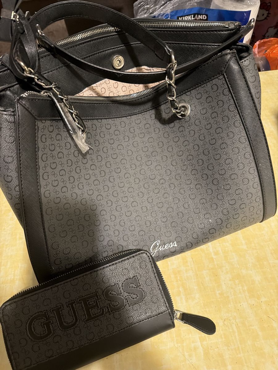 Guess Black Monogram Tote Bag with Matching Zip Wallet