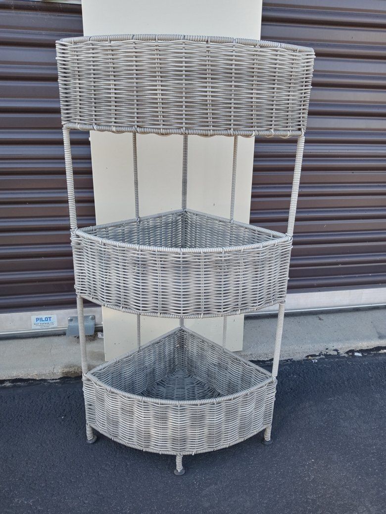Gray Wicker 3-Tier Corner Storage Shelf Unit - Versatile Basket Organizer