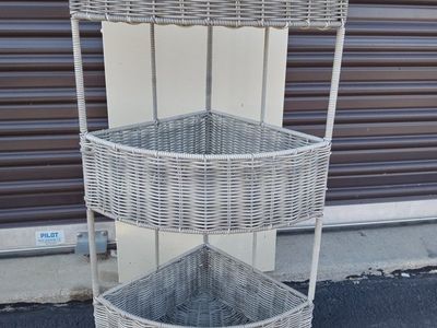 Gray Wicker 3-Tier Corner Storage Shelf Unit - Versatile Basket Organizer